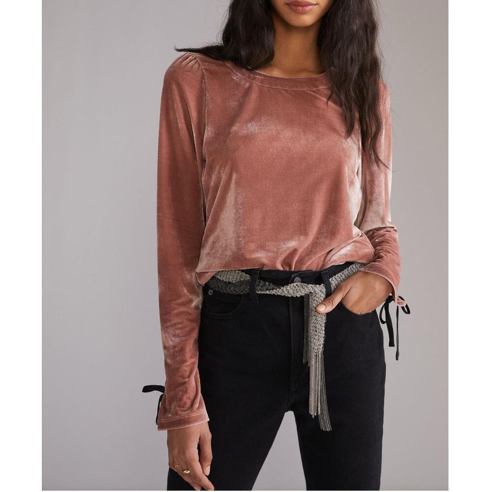 Anthropologie Strappy Open-Back Velvet Top Shirt | Sz XS | Taupe & Black - Picture 3 of 4